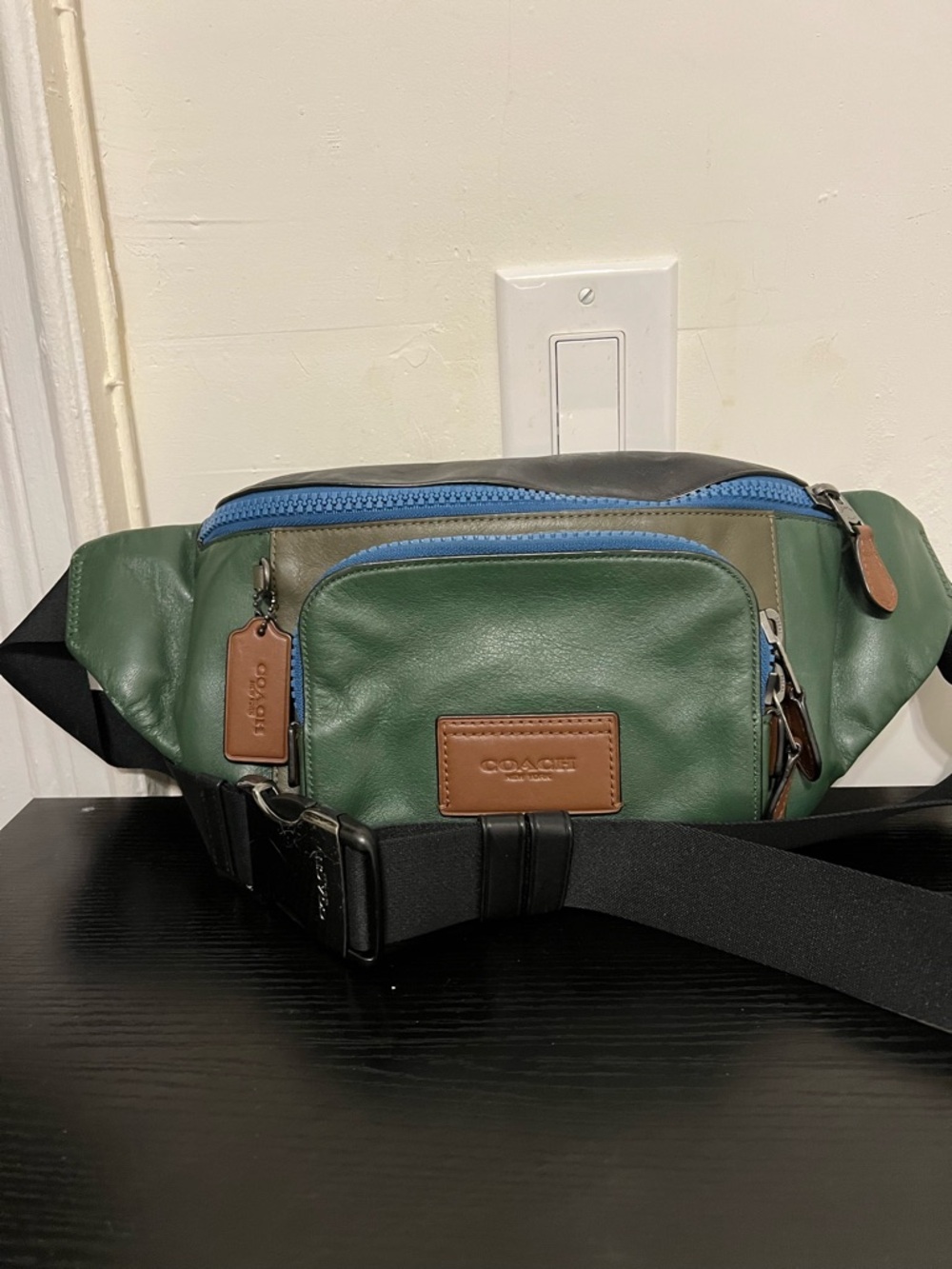 COACH C822 Men's Track Belt Bag in Colorblock Smooth Calf Leather Green Blue